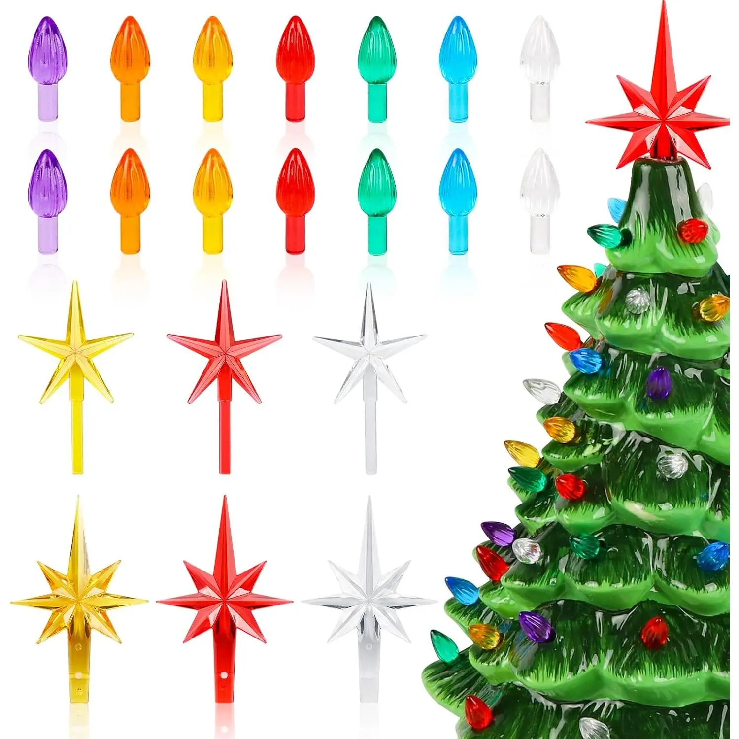 120 count Ceramic Christmas Tree  Bulbs, Flame Shape Twist Lights | Medium Twist Bulbs, 3 Five-Pointed & 3 Seven-Pointed  Ornaments,  Colors, Tree Not Included