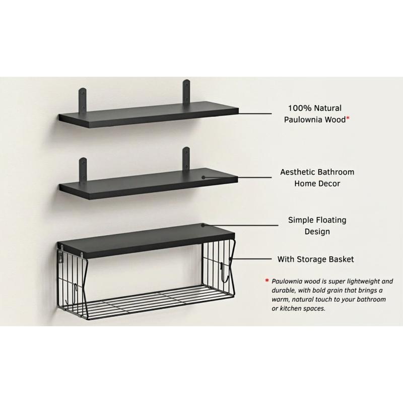 Floating Bathroom Shelves Wall Mounted, Set of 3 Wooden Shelves with Metal Basket, Over Toilet Storage Organizer for Bathroom, Apartment, RV, Powder Room, Black