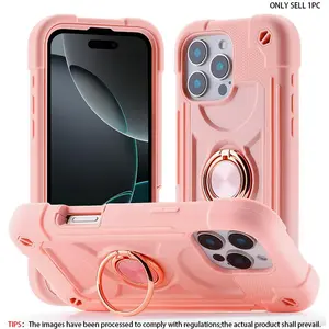 Military grade thickened anti drop iPhone 17 17Air 16ProMax 15Pro Max 14Plus iPhone 14/13 12 11 Pro Max phone cover case with circular bracket holder, heavy-duty shock resistant military grade, fashionable rainbow pink, full phone protection