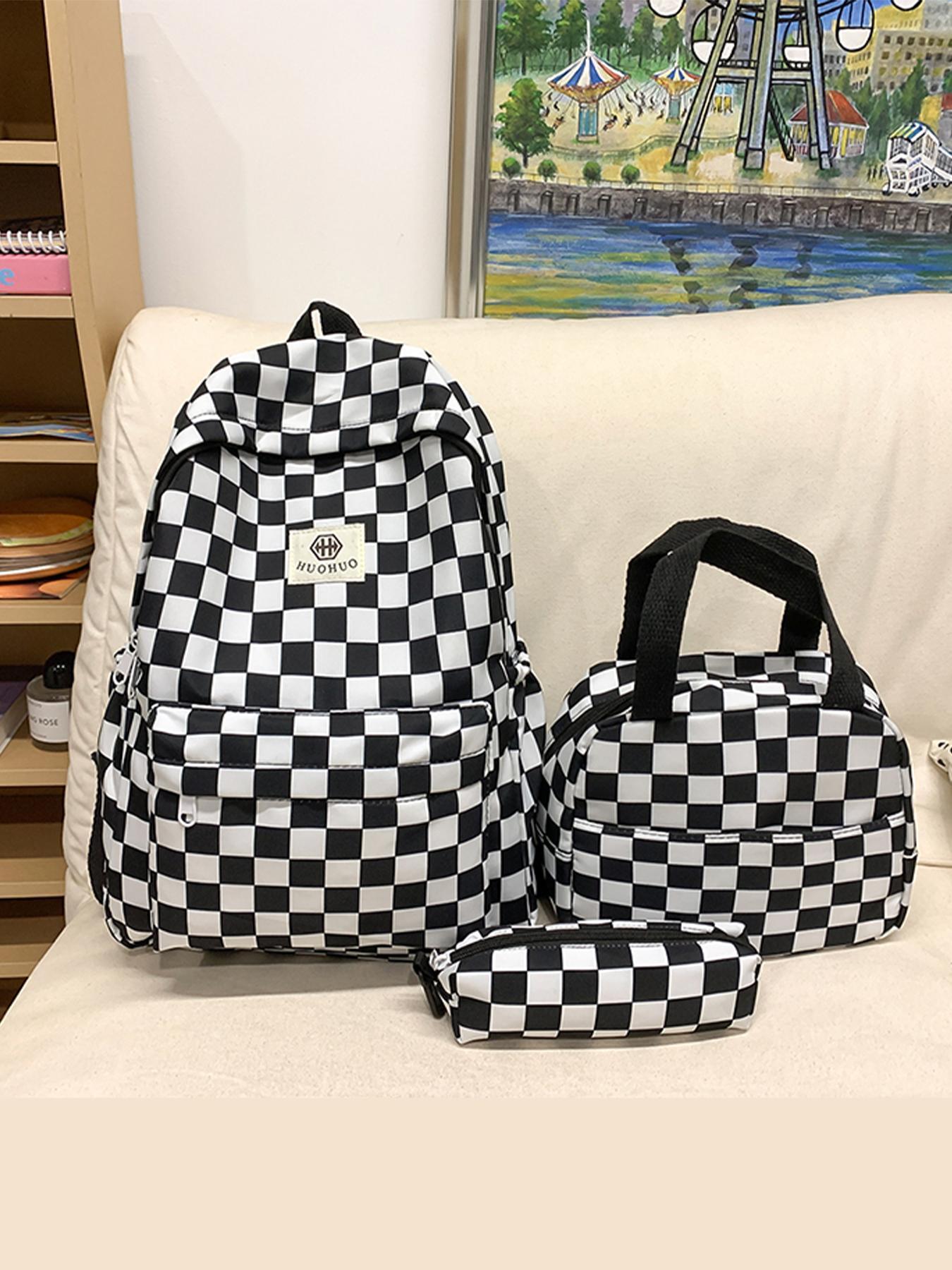 Checkerboard Pattern Backpack & Lunch Bag & Pencil Case Set, Casual Large Capacity School Bag Set for Women & Men, Fashionable Backpack Set for Daily Use