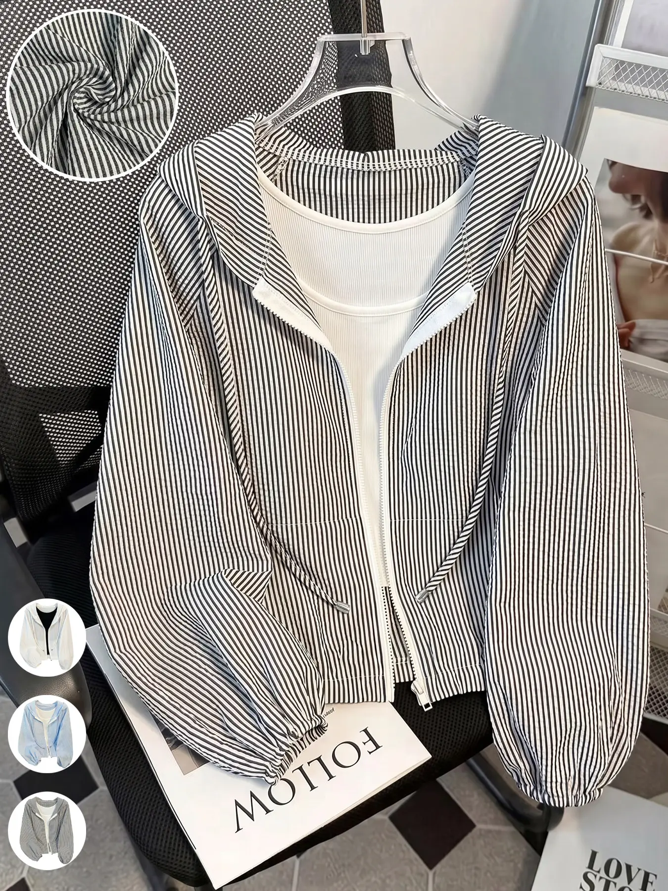 Women's Lightweight Casual Striped Hooded Zip-Up Loose Jacket, Comfortable and Stylish Outerwear, Perfect for Daily Wear, Trendy and Versatile Design，Suitable For Spring And Autumn