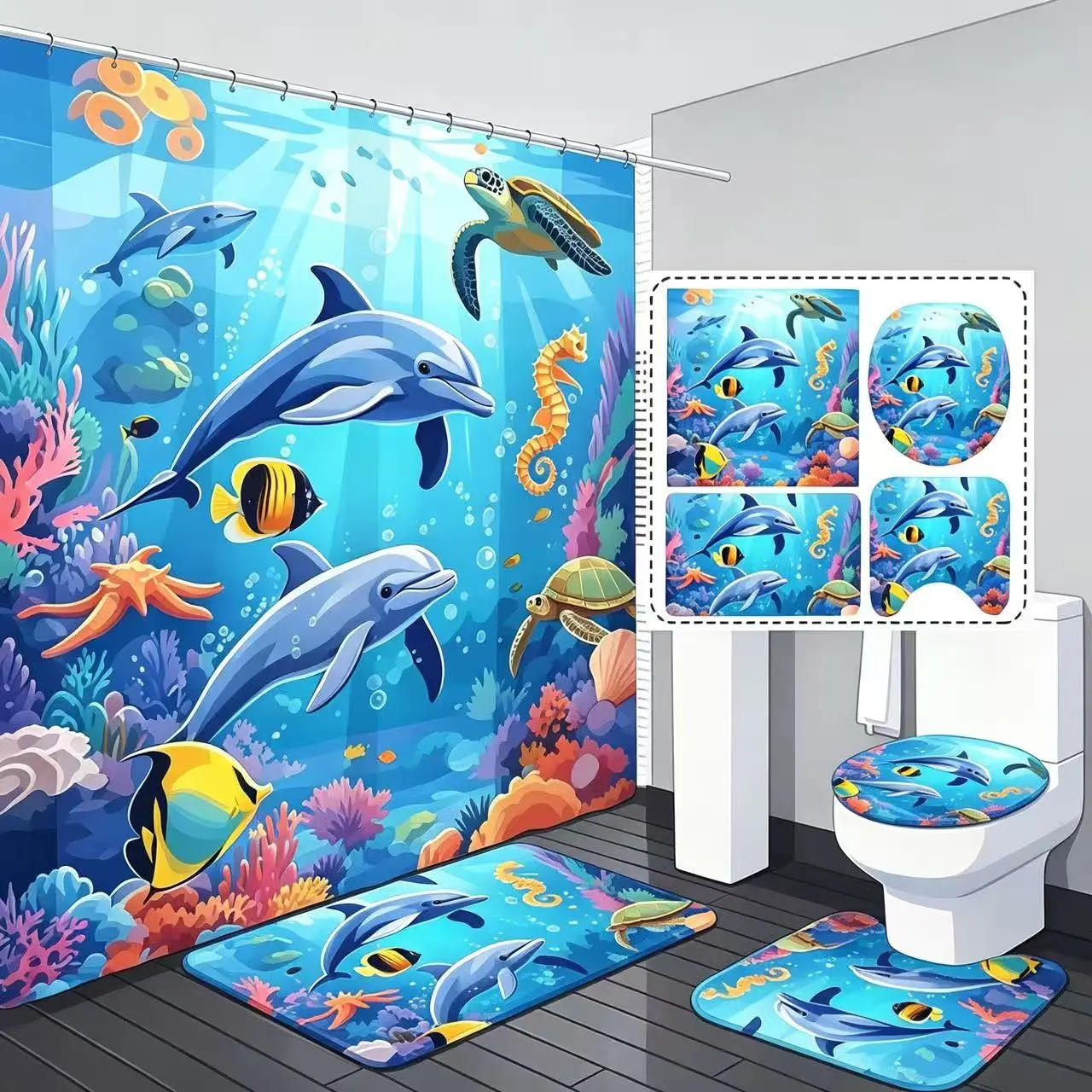4-Piece bathroom set, marine-themed 2D flat print shower curtain, non-slip floor mat and toilet cover - the bathroom decoration with dolphin and tropical fish patterns is exquisite and practical, and it is also a gift for home decoration