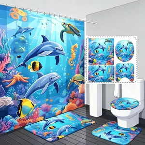 4-Piece bathroom set, marine-themed 2D flat print shower curtain, non-slip floor mat and toilet cover - the bathroom decoration with dolphin and tropical fish patterns is exquisite and practical, and it is also a gift for home decoration