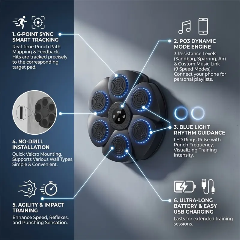 Music Boxing Machine with 9 Speed Levels - Wall-Mounted, Adjustable Height, Smart Counting Boxing Trainer, with LED Lights, Wireless Music Connection, Perfect for Home Workouts and Family Entertainment - Includes Free Gloves