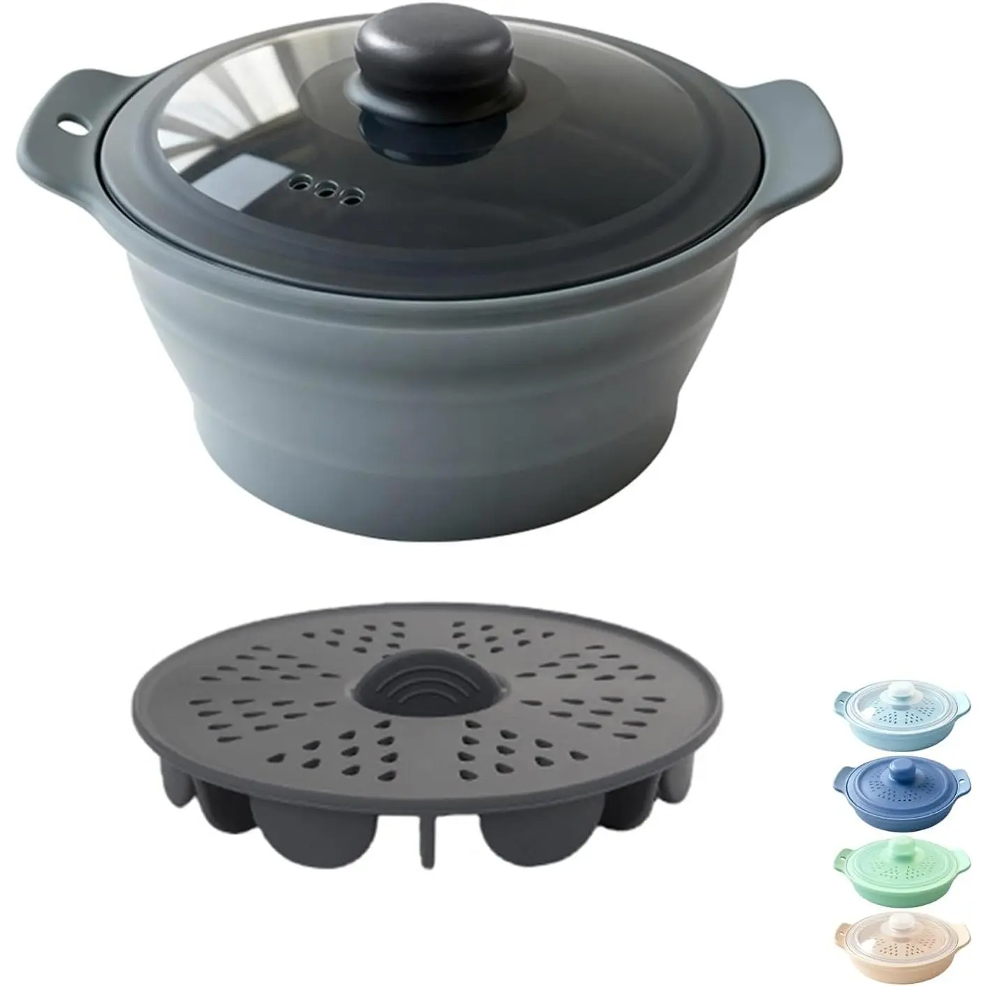 42oz Silicone Microwave Food Steamer with Steam Basket, Collapsible Steamer for Cooking Vegetable, Seafood, Dumplings, Rice Cooker, BPA Free Small Steam Pot with Handle & Lid, Dishwasher Safe (Grey)