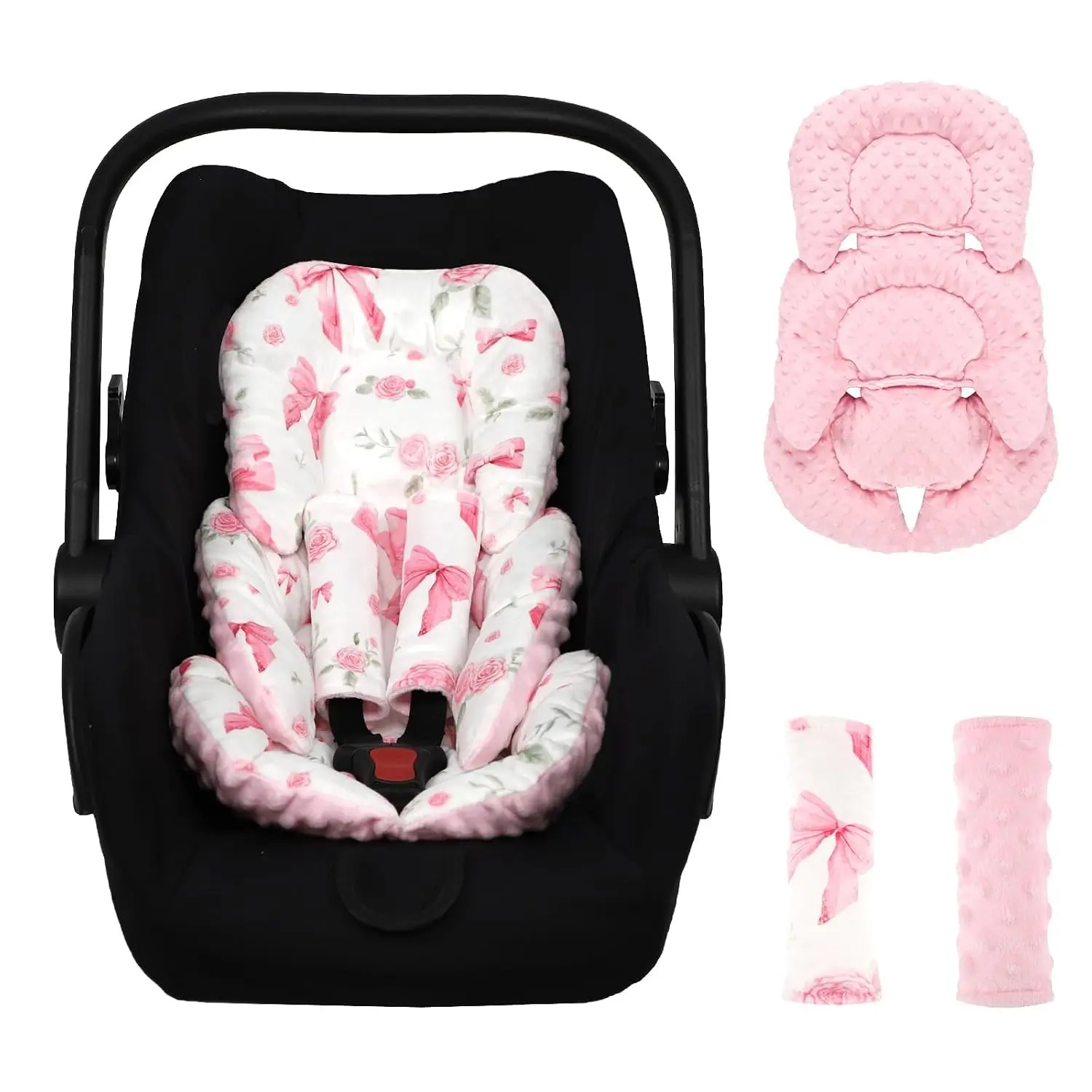 Infant Car Seat Insert Girls, Soft Car Seat Head Support Baby & 2 Strap Pads, Preemie Newborn Carseat Insert Reversible Fits for Stroller, Baby Swing, Rocker, Bassinets, Bouncer, Pink RoseGift.