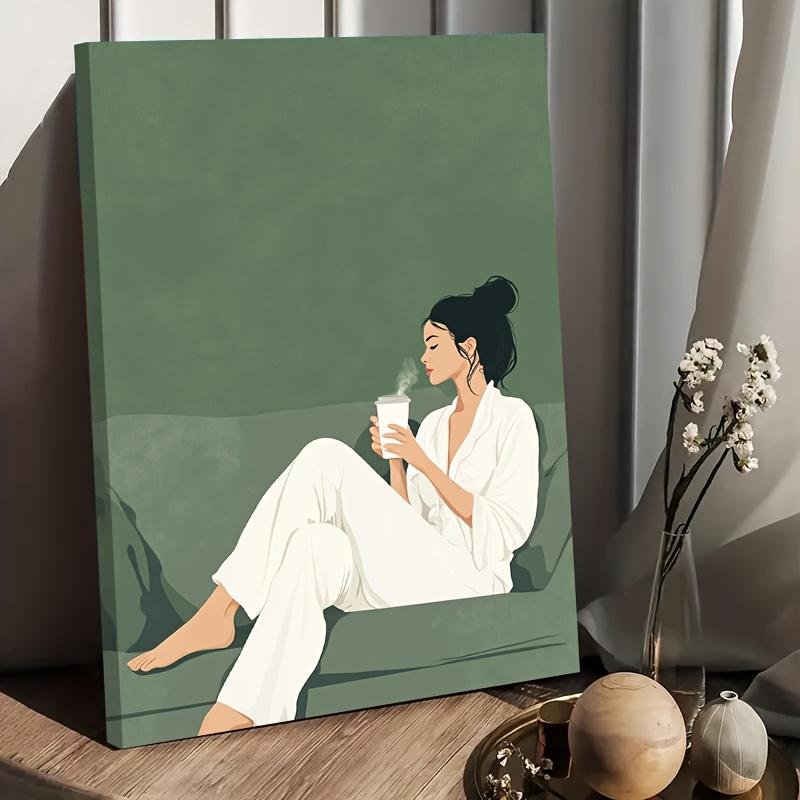 2D Flat, 1pc of 2D High-definition Printed Framed Canvas Art and Poster Featuring A Woman in a White Robe Sitting on a Striped Sofa Suitable As Decorative Art for Living Room Bedroom And Bathroom. Photo Ornaments