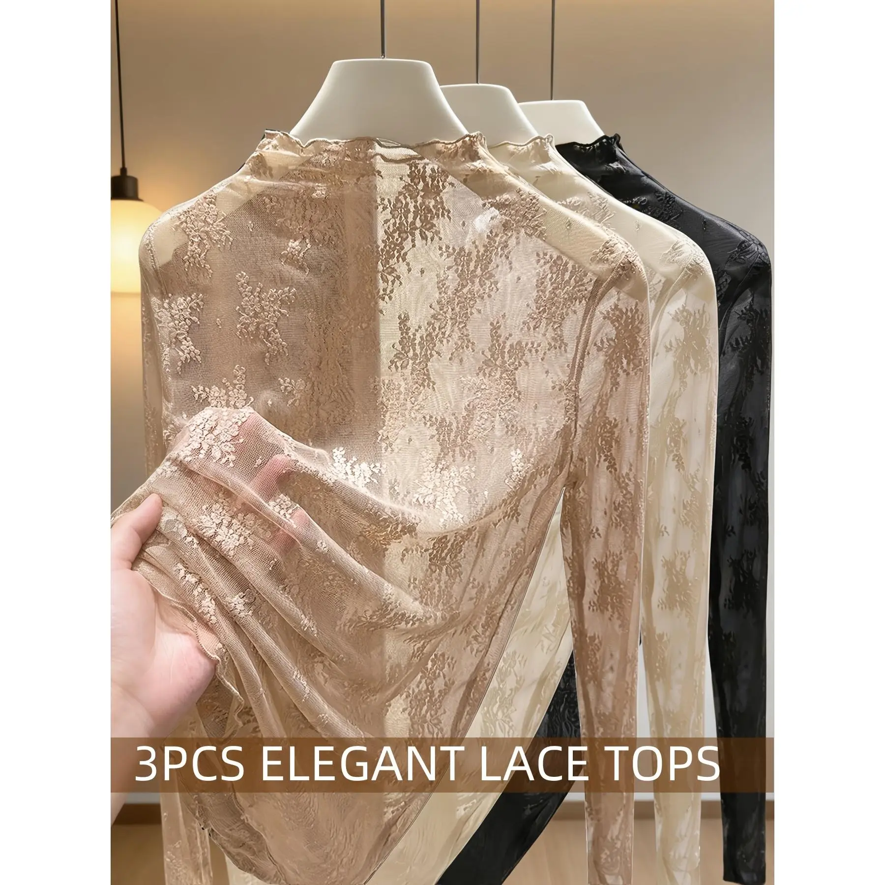 Women's Lady Lingerie 3PCS Semi-Sheer Lace Blouses Set - Chic, Elegant High-Stretch Fabric, Body-Fitting, Misty Cloud-Like Haze, Soft Non-Tight Conformity