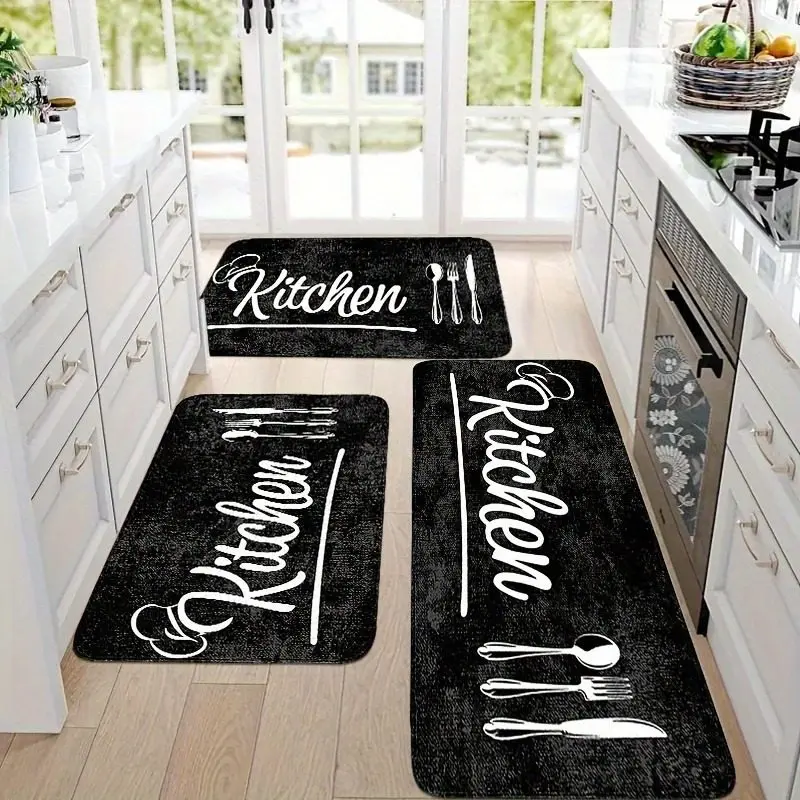 1‑Piece Modern Black Kitchen Mat, Kitchen Rugs, Made of Flannel – Soft and Comfortable, Suitable as Doormats and Floor Mats for Bedrooms, Living Rooms, Dining Rooms, Kitchens and Bathroom Entrances
