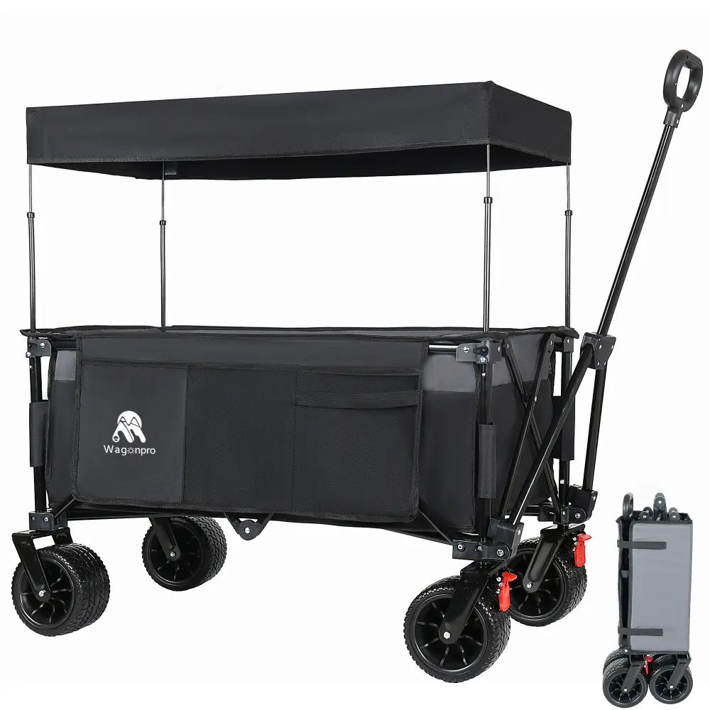 Compact All-Terrain Folding Wagon with Canopy, Adjustable Handle, Stainless Steel Components, Fabric Construction, 120L Storage Capacity, 480 lbs Capacity, Optional Beach Tires, Ideal for Camping, Shopping