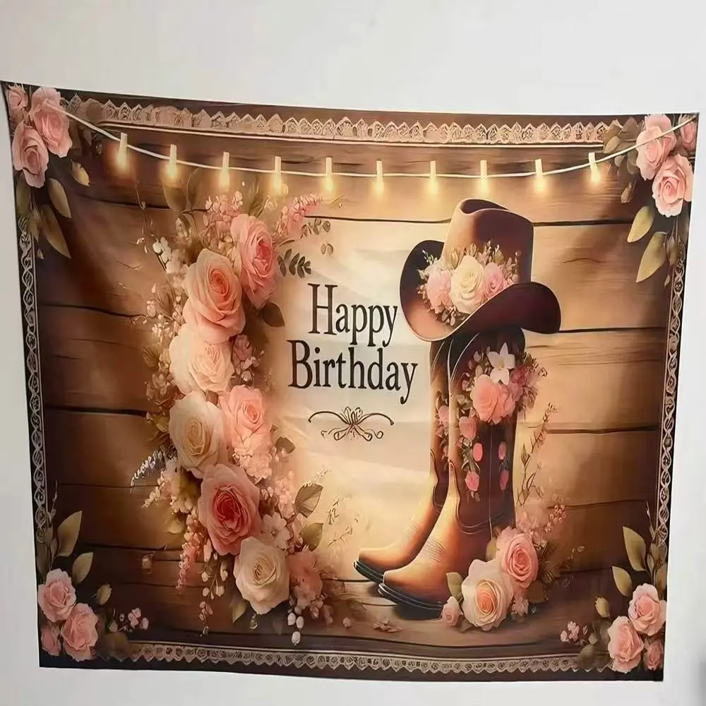 Western Theme Retro Wooden Sign Cowboy Hat Boots Rose Floral Birthday Background Cloth, Outdoor Party Decor, Photo Backdrop, Live Stream Background