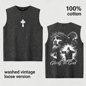Men's Glory To God Jesus Tank Top 100% Cotton Washed Vintage Christian Sleeveless T-Shirt Loose Fit Cross Graphic Streetwear Summer Vest Tee Gift for Boyfriend Husband