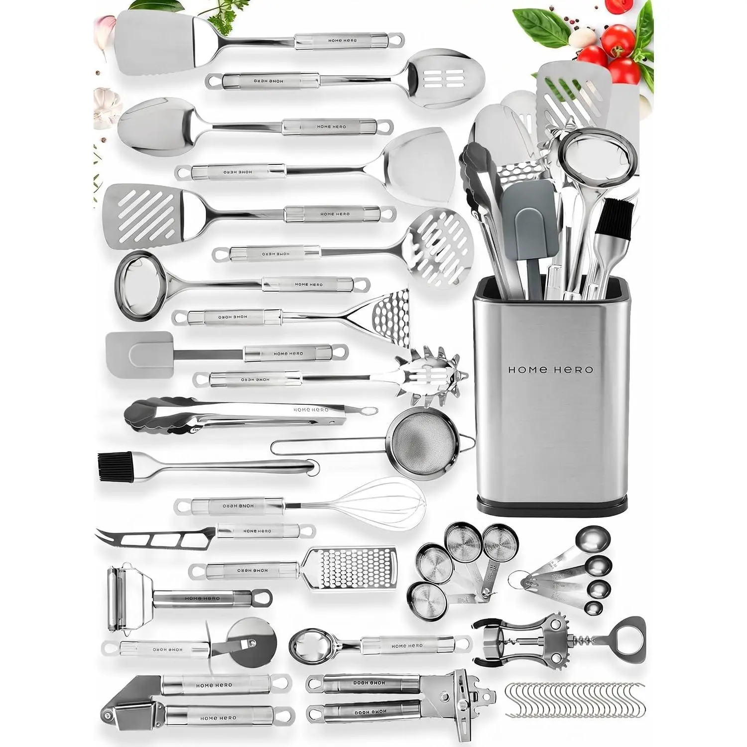 54-Piece Stainless Steel Kitchen Utensils Set - Heat-Resistant Nonstick Silicone & Stainless Steel Cooking Utensils - Complete Tools with Slotted Spoon & Pasta Spoon - Pack of 54, Silver