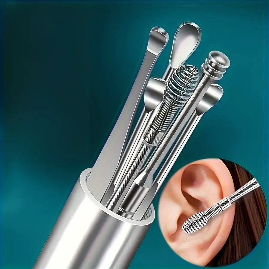 Stainless Steel Ear Wax Removal Kit, Portable Durable Ear Spoon Set, Includes Spiral & Spring Tips, Keychain Attached, Safe Hygienic Ear Care Tools