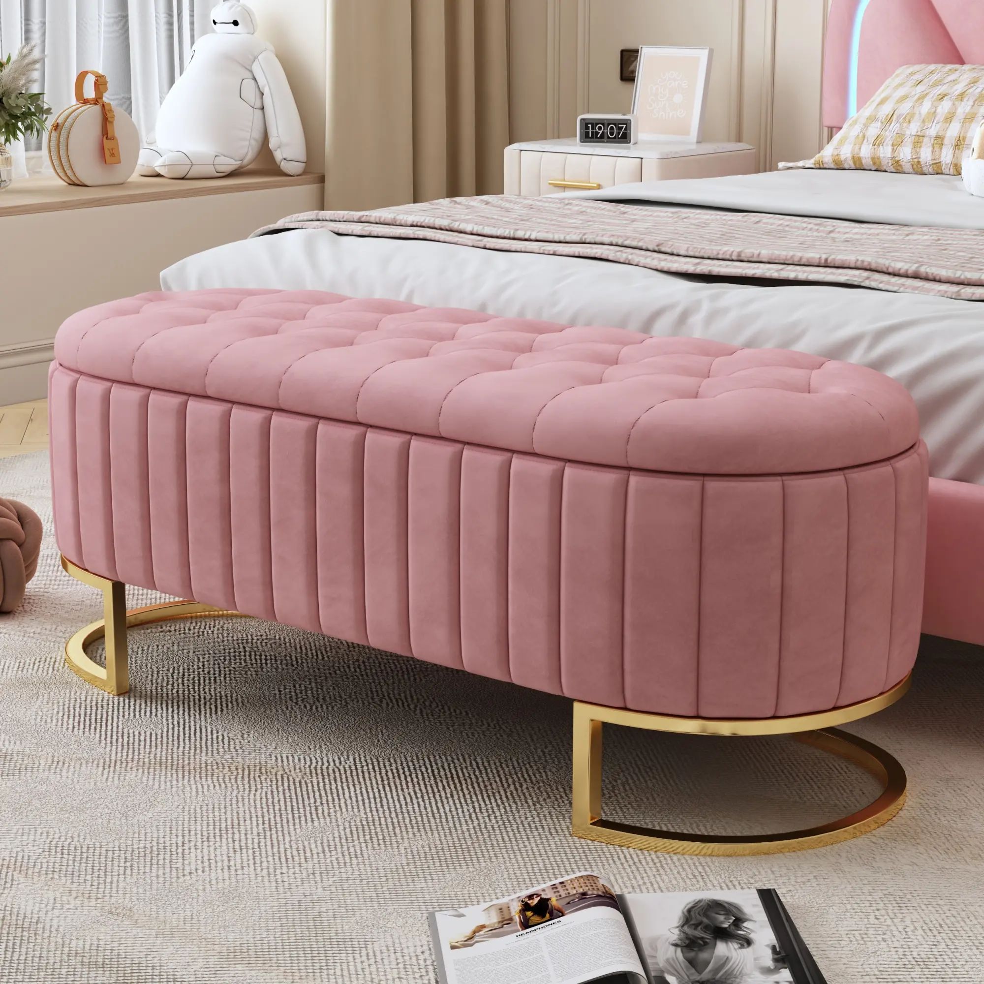 Nokaa Velvet Storage Ottoman Bench with Button Tufted, Pink Upholstered Footstool with Metal Legs, 47.2" Long Storage Chest for Living Room Bedroom Entryway, Organizer for Blankets Pillows Magazines