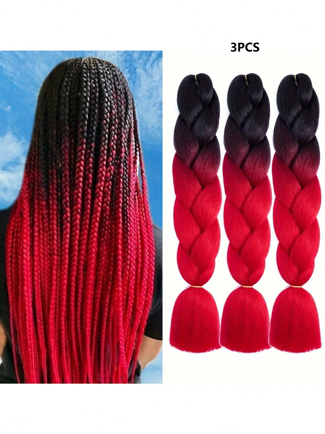 Braiding Hair Extension 24 Inch 3 Packs Synthetic Profession Jumbo Braid in Hair Extensions Black Ombre Red and Color Gradient Hair Extensions for Women Braiding Synthetic Braids