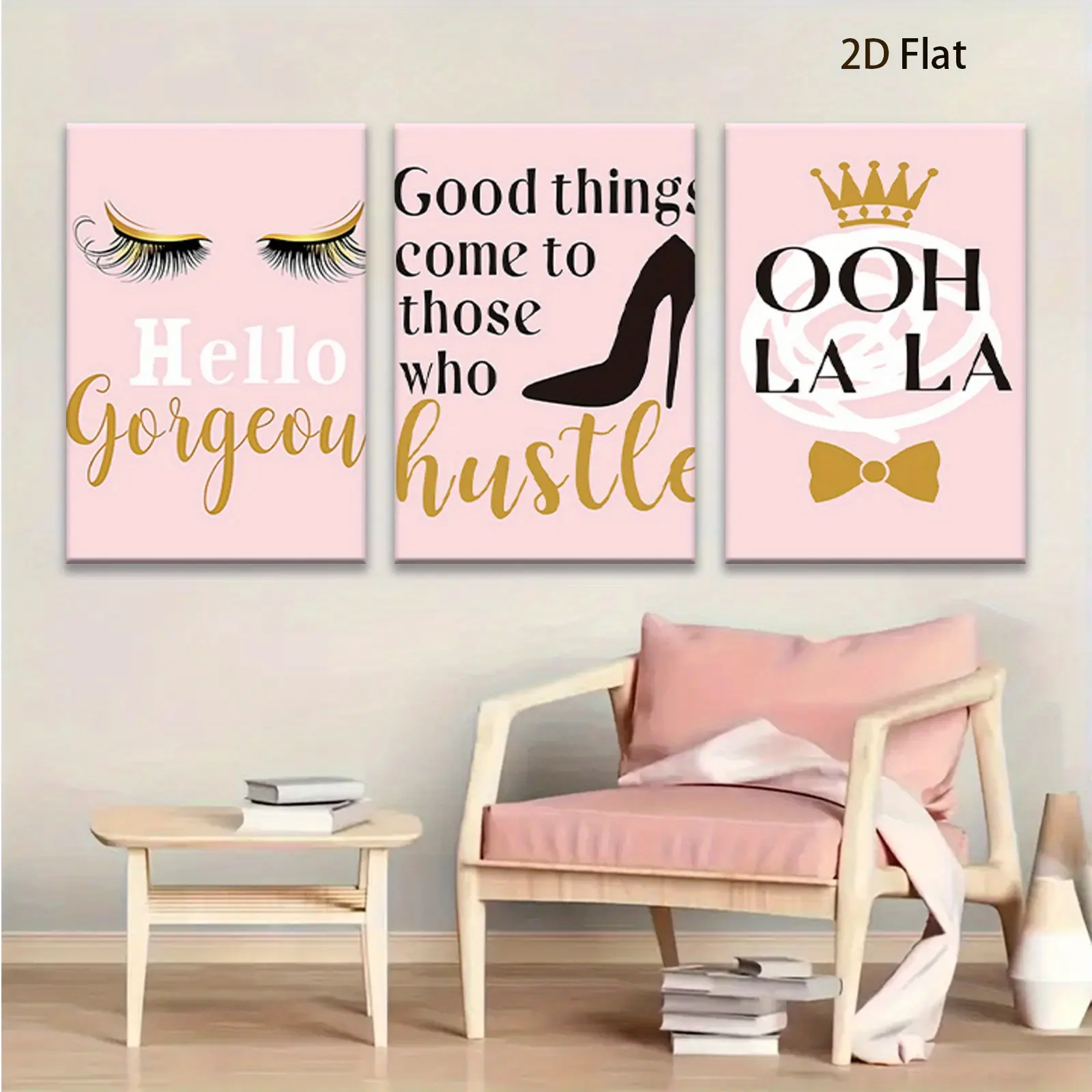 3Pcs Framed 2D Canvas Wall Decor Prints - Motivational Quotes, Makeup, Eyelashes, High Heels, Crowns Themes - Home Supplies for Living Room, Bedroom - Perfect Birthday, Housewarming Holiday Gifts wall decor wall art