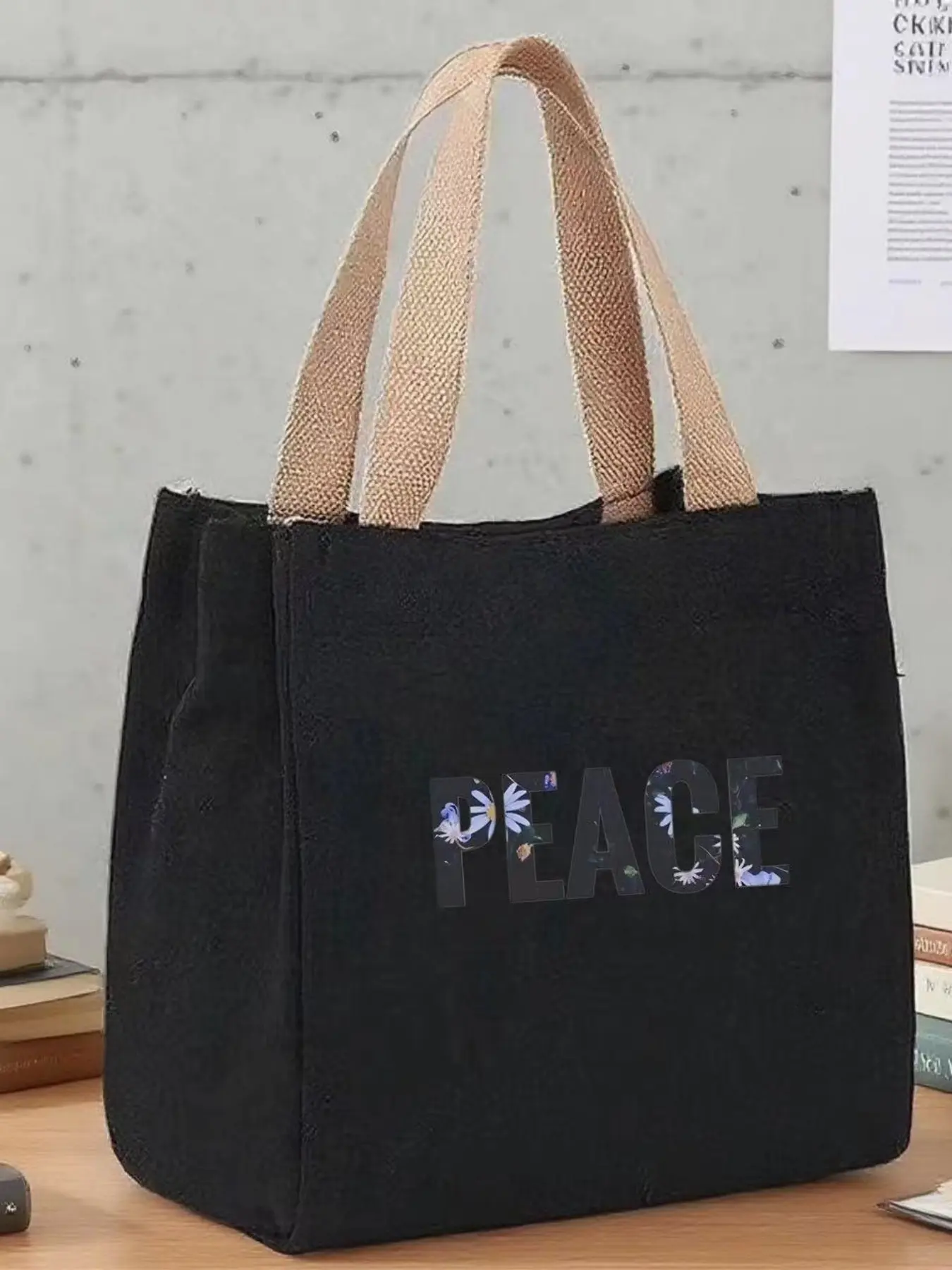Cute Daisy Pattern Canvas Handbag, Letter Design, Lightweight Casual Bag for Students & Commuters, Elegant Women's Shoulder Bag