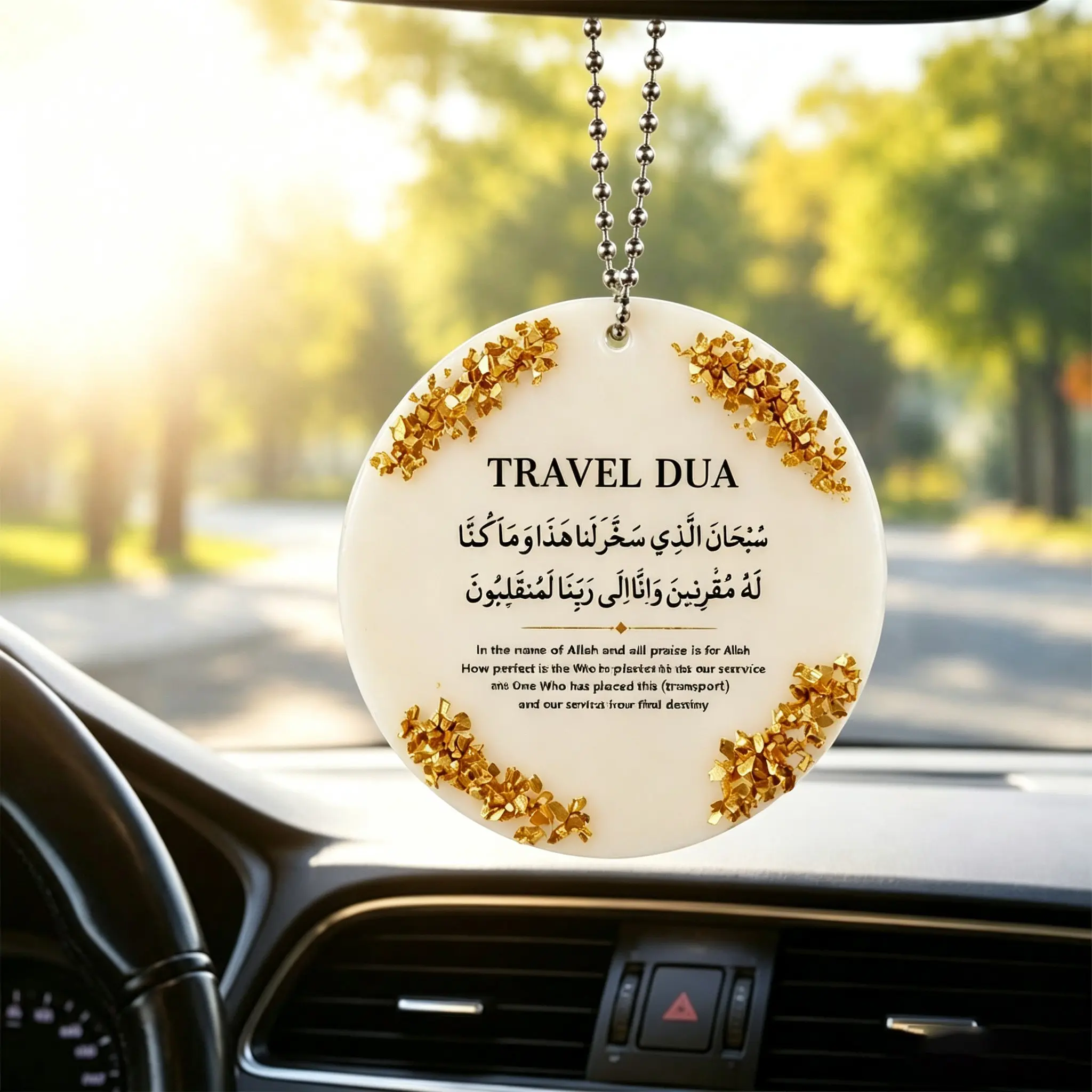 Travel Dua Resin Car Hanging Ornament, Car Hanging Decoration, Automotive Decoration, Gold Foil Islamic Rearview Mirror Pendant, Muslim Car Interior Decor for Eid Ramadan Gift, Car Ornaments, Vehicle Decoration