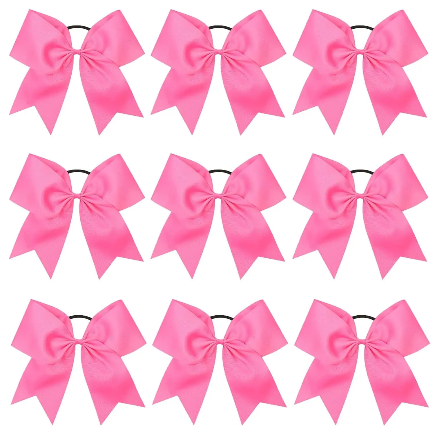Jumbo Cheer Bows for Girls and Women, 9 Pack 8-Inch Hot Pink Grosgrain Ribbon Ponytail Holders, Handmade for Cheerleading and Sports, Teen Girls, College Women, 8" Jumbo Large, Girls/Women
