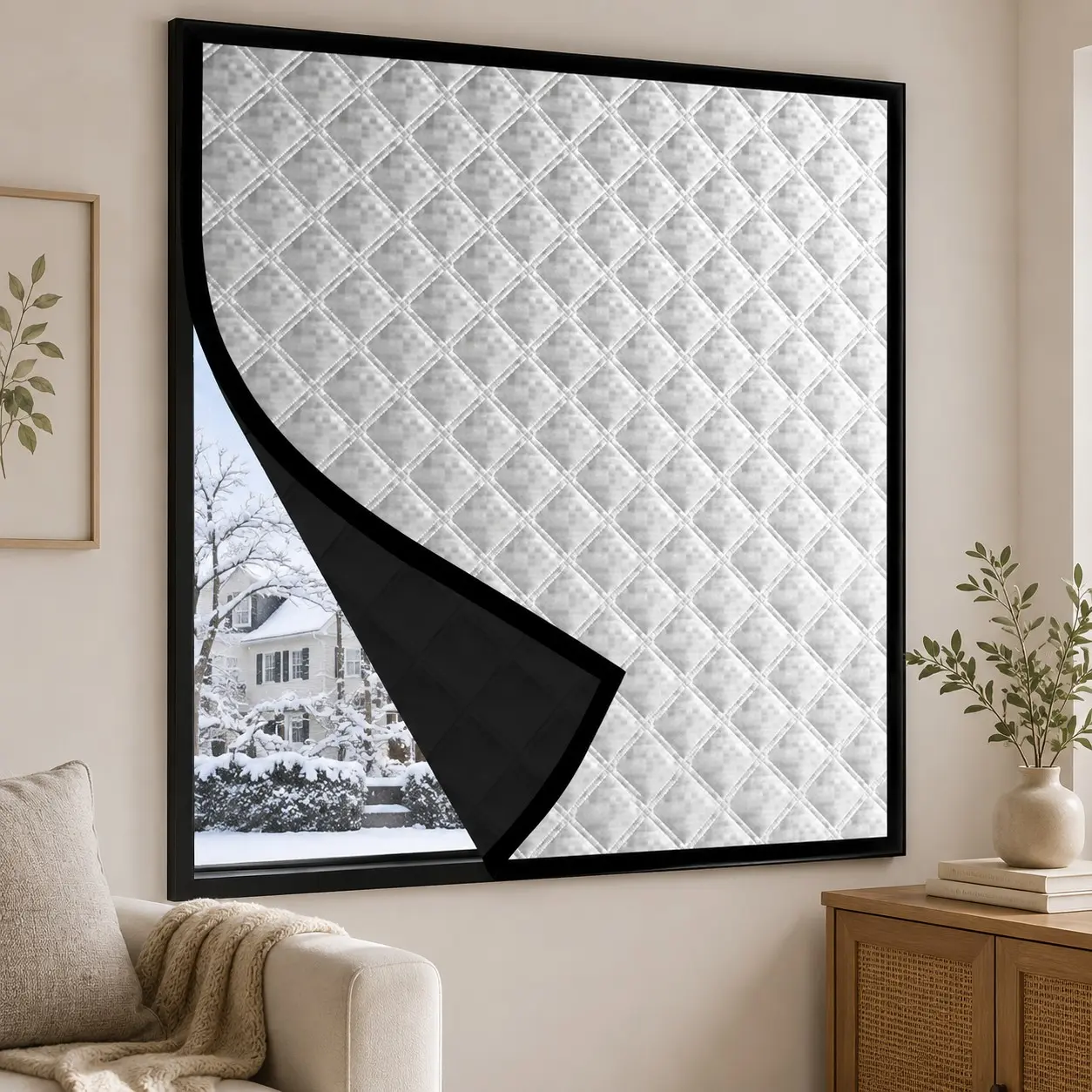Winter Thickened Thermal Insulated Window Curtain, Silver Diamond Aluminum Foil Windproof Coldproof Blackout Curtain, Punch-Free Self-Adhesive Window Cover for Bedroom, Living Room and Balcony, Blackout Bedroom Curtains
