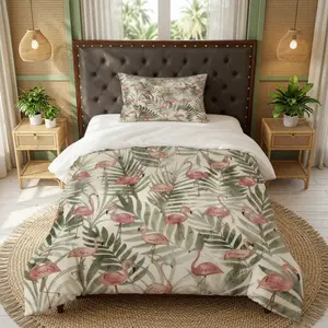 2/3PCS Watercolor Tropical Flamingo Palm Leaf Duvet Cover Set, Single Side Digital Printed Tropical Boho Style Bedding, No Comforter & Pillow Insert, Perfect Home Decor & Holiday Gift for Master Bedroom and Guest Room