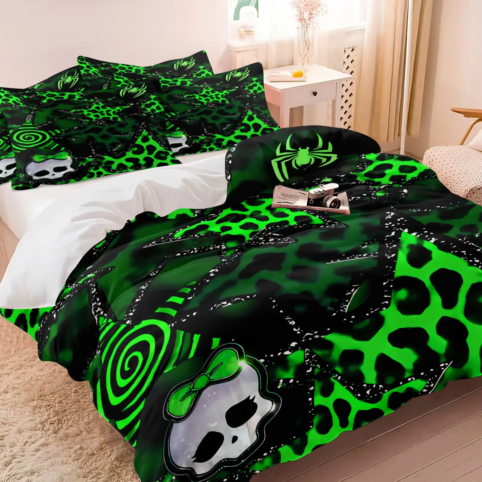 Y2K Subculture Fluorescent Green Leopard Print Skull Decorative Bedding Set, 1 Duvet Cover + 2 Pillowcases, Black Base Green Leopard Print Star Spider Web Skull Print, Girls Teens Dorm Cool Hot Bedroom Gaming Room Decor