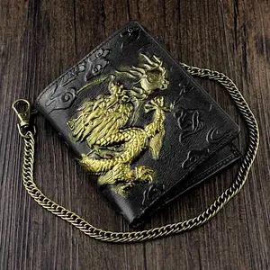 Mens 3D Dragon Vintage Luxury Leather Wallet ID Card Holder Purse w/ Chain