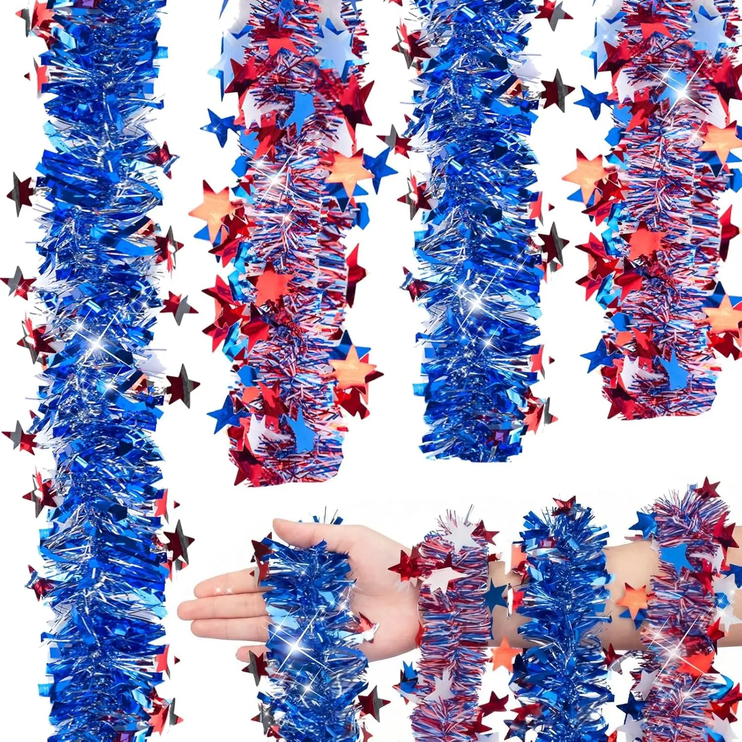 Patriotic Glitter Tinsel Garland 2 Pack, Long 32.8ft Reflective Red White and Blue Star Decoration for Independence Day, Metal Wire Core for Party & Gift, Glittery, Pvc Tinsel