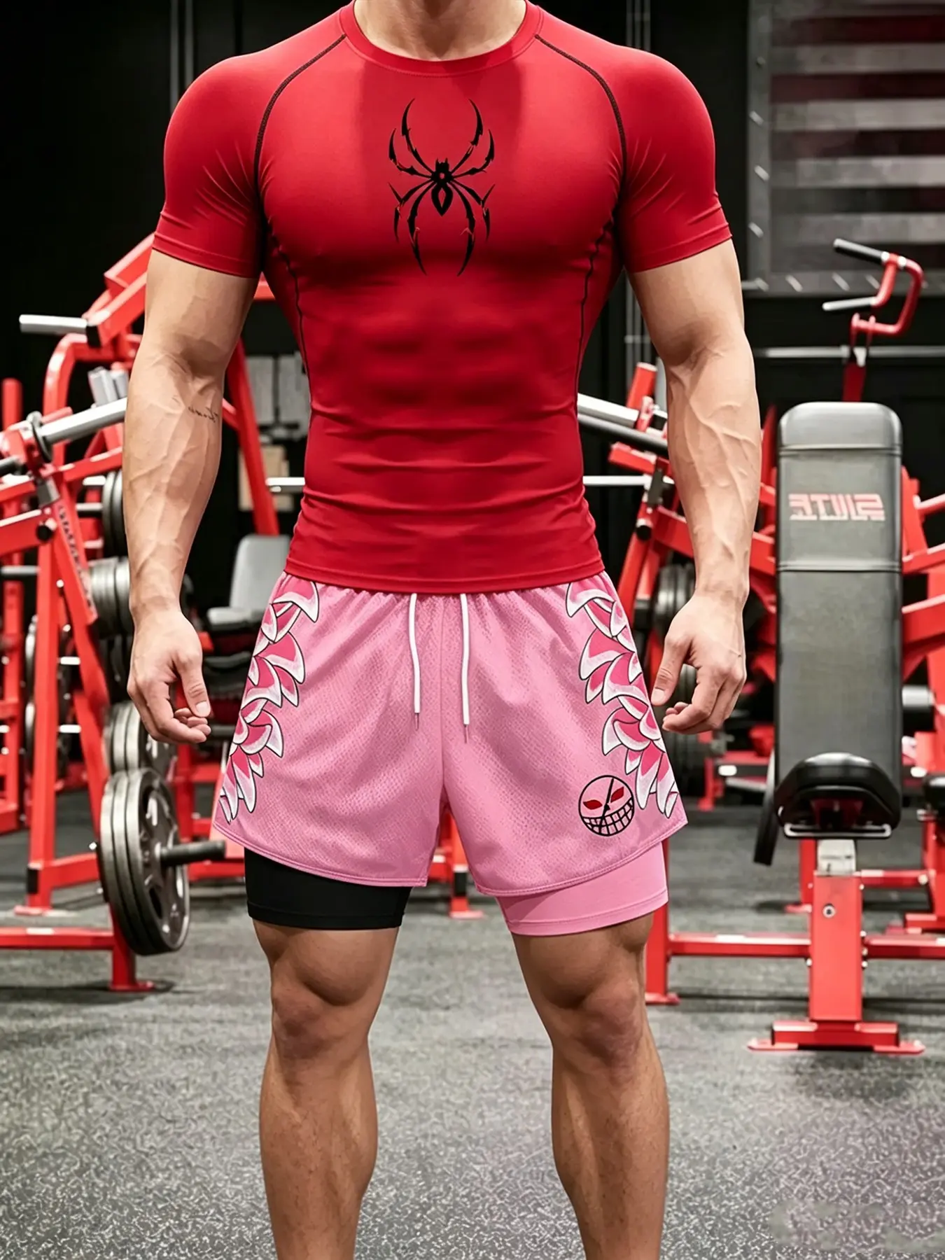 Summer Men's Fitness Compression Workout 2 Pieces Spider Graphic Print Tight Training Short Sleeve Top Pink Double Layer Shorts Set For Running Gym Athletic Outfit