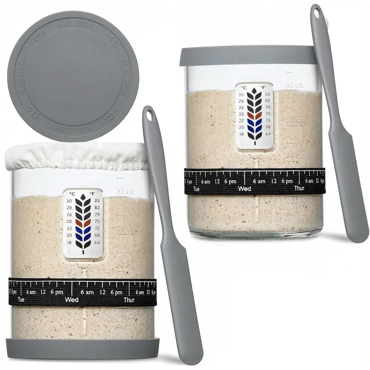 2 Pack  Pro Sourdough Starter Jar Kit - 40oz Large Wide Mouth Sourdough Bread Jar with Marked Feeding Band, Thermometer, Scraper, Cloth Cover &  Lid/Base, Glass Container, Baking