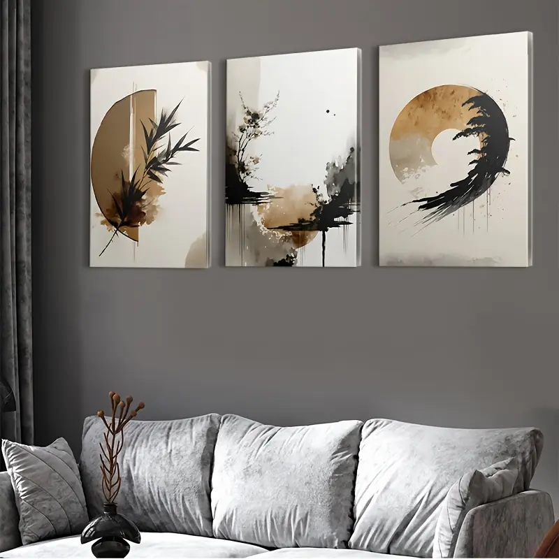 2D Flat Print Wrapped Canvas Print Set Of 3, Framed Black And Beige Pattern Posters. Zen Abstract Ink Canvas Wall Decor With Modern Minimalist Style, Suitable For Bedroom, Living Room, Bathroom, Dining Room, Office, Dorm, Homestay And Corridor