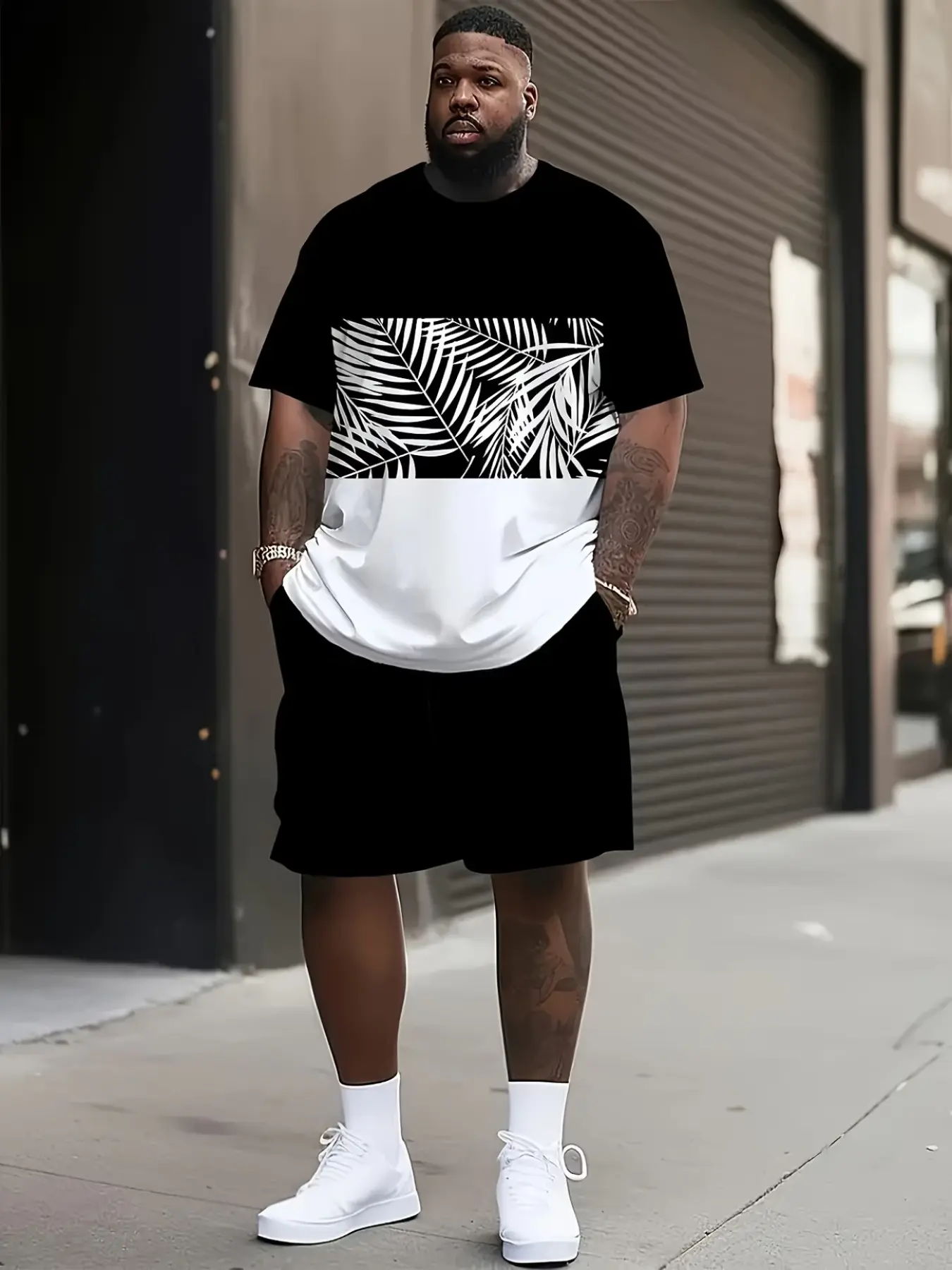 Men's Plus Size 3D Print Casual Two-Piece Set, Large Men's Sportswear, Contrast T-Shirt and Shorts