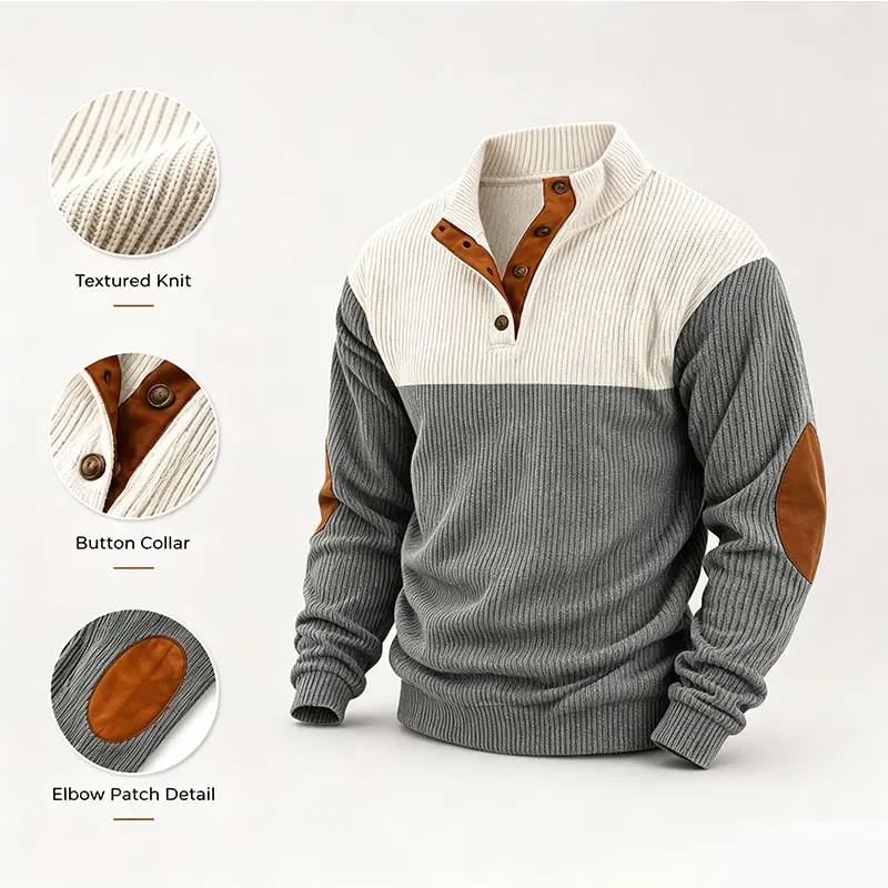 American Western Retro Color-Block Button-Down Sweatshirt for Men, Elbow Patch Long Sleeve Loose Fit Autumn Streetwear Base Shirt