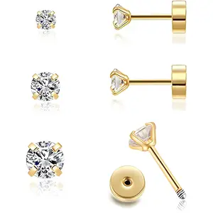 Handmade Tiny Flat Back Stud Earrings: 3 Pairs 14K Gold Plated Screw Flatback 2 3 4mm Cubic Zirconia Earrings Cartilage Piercing Jewelry for Women Helix Tragus Earlobe