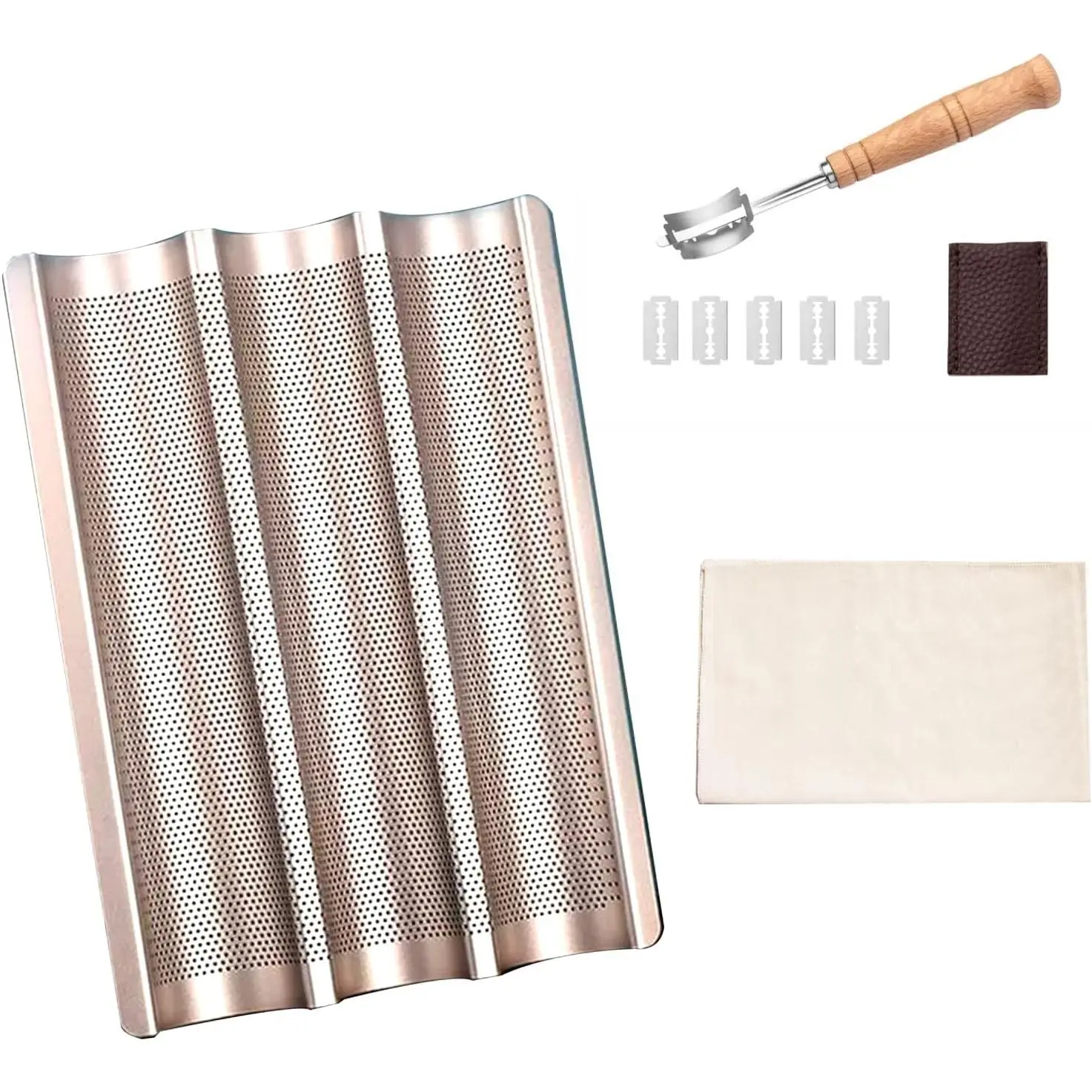 3-Groove Carbon Steel Baguette Baking Kit with Lame & Proofing Cloth, Air Vented French Bread Tray for Homemade Artisan Loaves