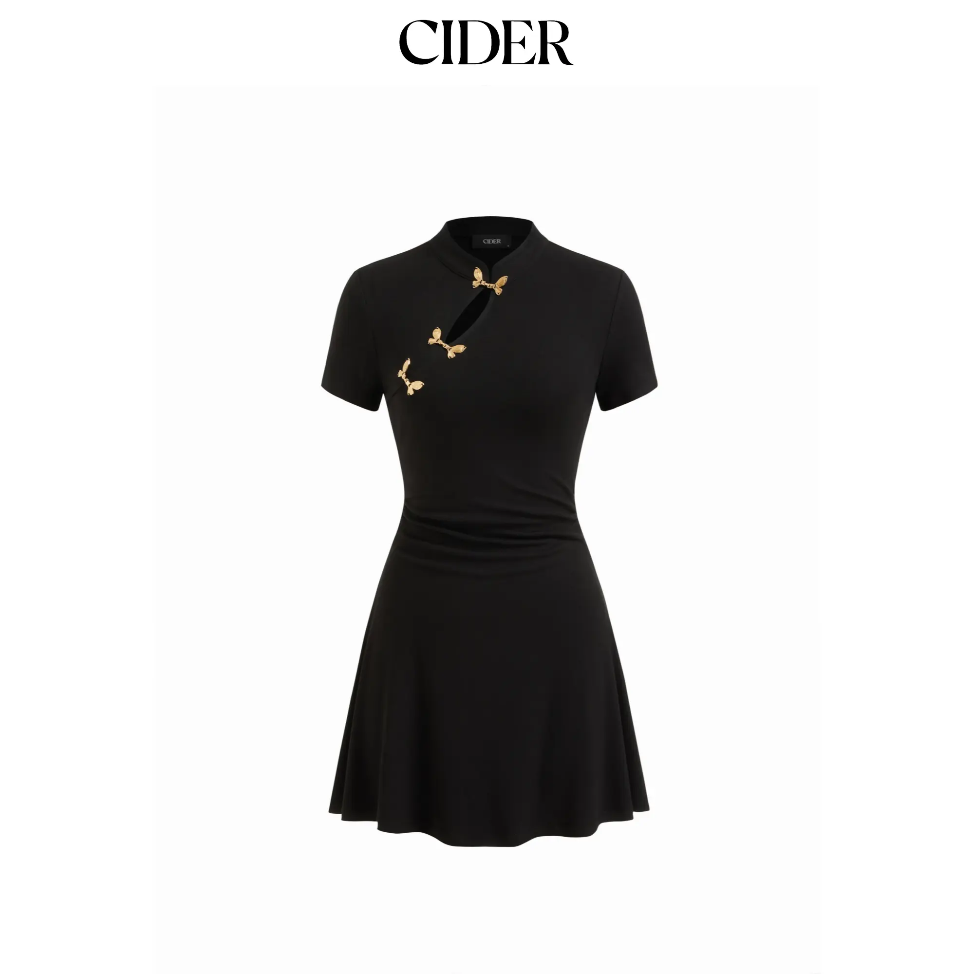 Cider Mandarin Collar Short Sleeve Metal Detail Cut Out Ruched Mini Dress
