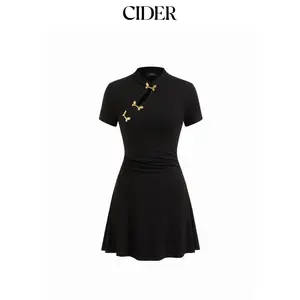 Cider Mandarin Collar Short Sleeve Metal Detail Cut Out Ruched Mini Dress