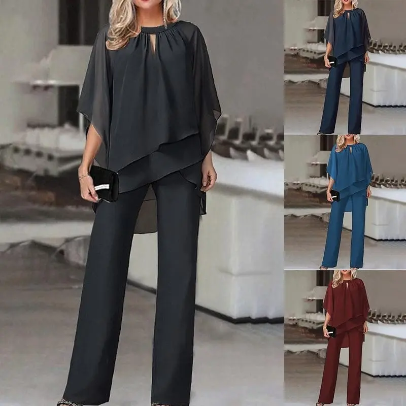 Mother of Bride Pant Suits Plus Size Half Sleeve 2 Piece Chiffon Pantsuit Formal Wedding Guest Outfit Womenswear Clothes