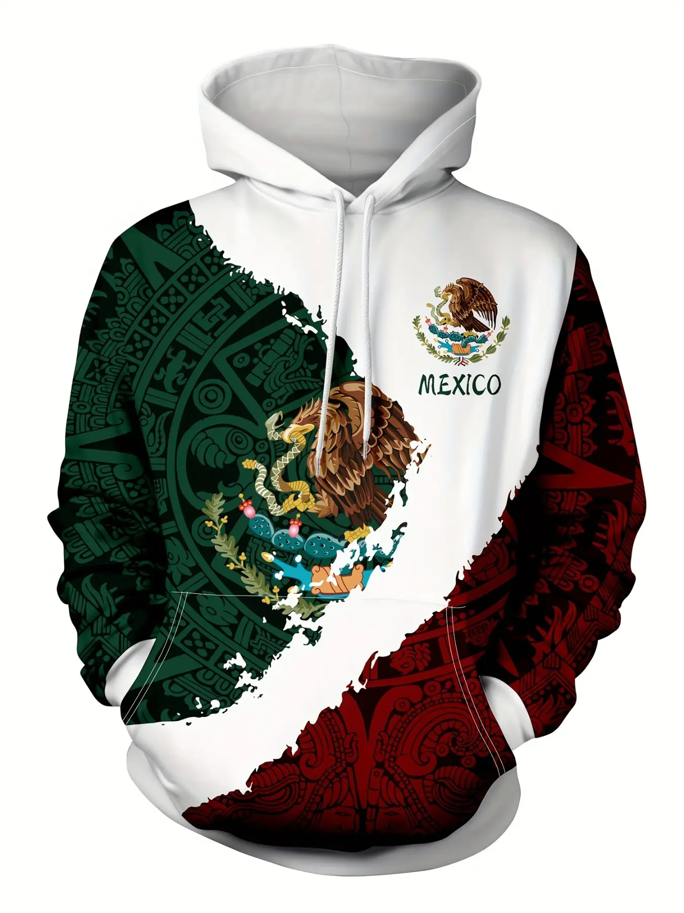 Mexico Flag Three-Color Ripped Design Hoodie, Aztec Mayan Totem Digital Print, Casual Loose-Fit Unisex Jacket for Spring & Fall