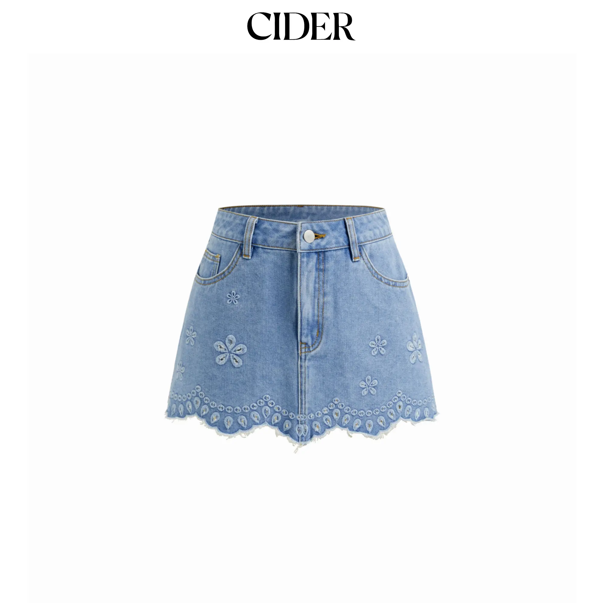 Cider Denim Low Rise Floral Embroidery Raw Hem Mini Skirt