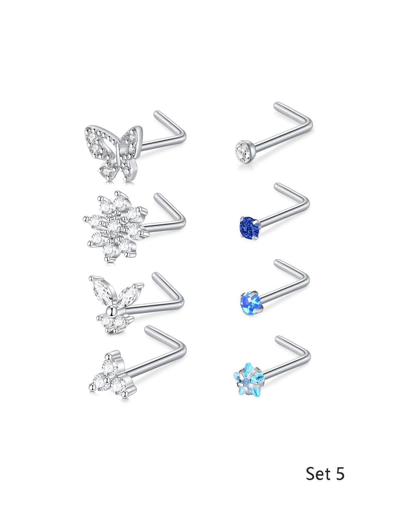 Cute Heart & Butterfly Decor Nose Stud, Stainless Steel Nose Stud Ring Set, L Shape Nose Piercing Kit, Spiral Nose Screw Stud Pack, Nose Piercing Jewelry