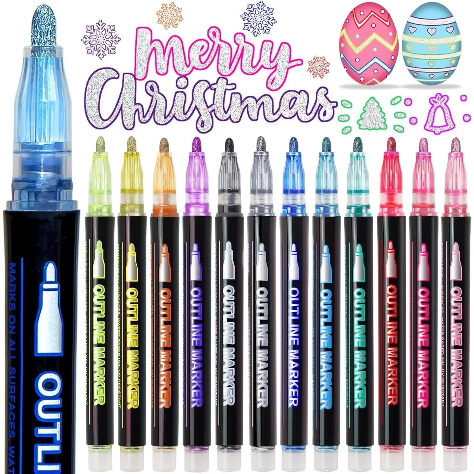 Outline Marker Self-outline Metallic Markers, 12 Colors Squiggles Shimmer Outline Markers Pen Set for Drawing Art School Supplies, Glitter Pen Set for Cards Lettering Art Marker Pens