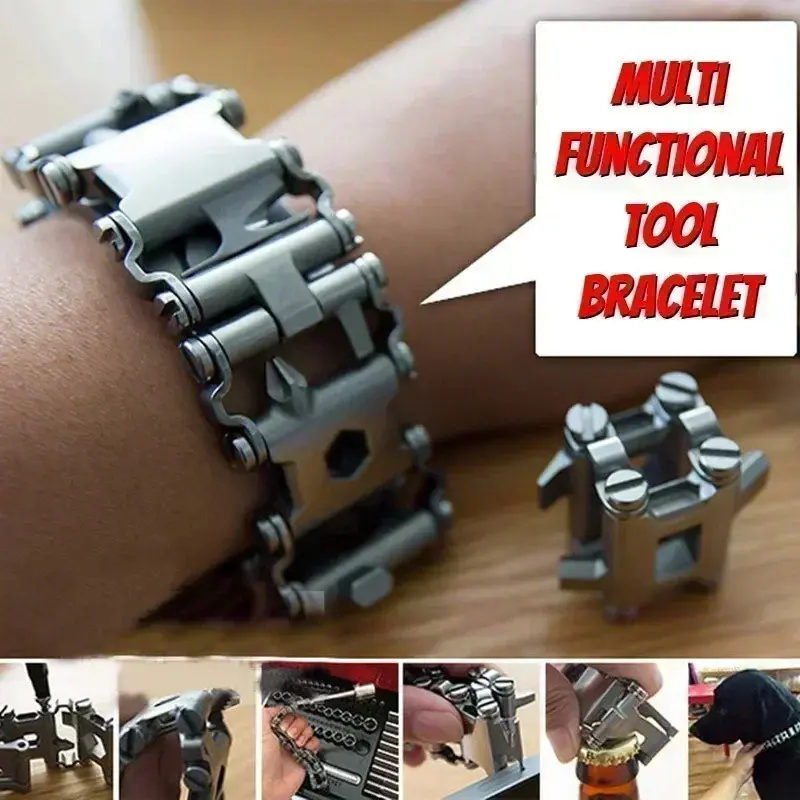 Tool Bracelet All-in-One Stainless Steel Wristband Bicycle Repair Kit Portable Outdoor Cycling Hiking Gadget Adjustable Easy Carry