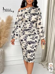 women's all over print asymmetrical neck dress, elegant fashion casual long sleeve dress for daily outdoor wear, lady dress for summer, womenswear, elegant fit dress, elegant formal dress