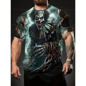 Men's Scary Clown Horror theme T-Shirt - Lightweight Summer Short Sleeve Tee with Clown Face & Menacing Smile Print, Casual Outdoor Wear for Parties, Gym, Everyday - Clown Costume Apparel for & s (Machine Washable)