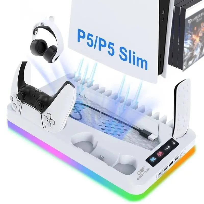 2026 Ps5 Slim Upgrade Cooling Station, Dual Ps5 Controller Chargers, Twin Turbo Fans, 3 USB Hubs, Enhanced Gaming Setup