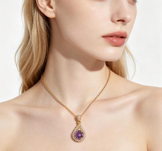 Purple Teardrop Pendant Collarbone Necklace |     Women's Fashion Versatile Necklace, Light Luxury Office Accessory, Crystal Necklace
