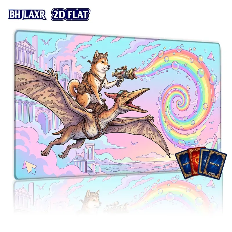 1Pc 2D Flat 14x24inch TCG Mat Durable Shiba Inu Riding Pterodactyl Rainbow Bubble Pattern Play Mat, HD Digital Printing, Non-Slip Rubber Base, Stitched Edges, Compatible with TCG/CCG Card Games, Aesthetic Gaming Desk Mat For Card Battle Table Deskt