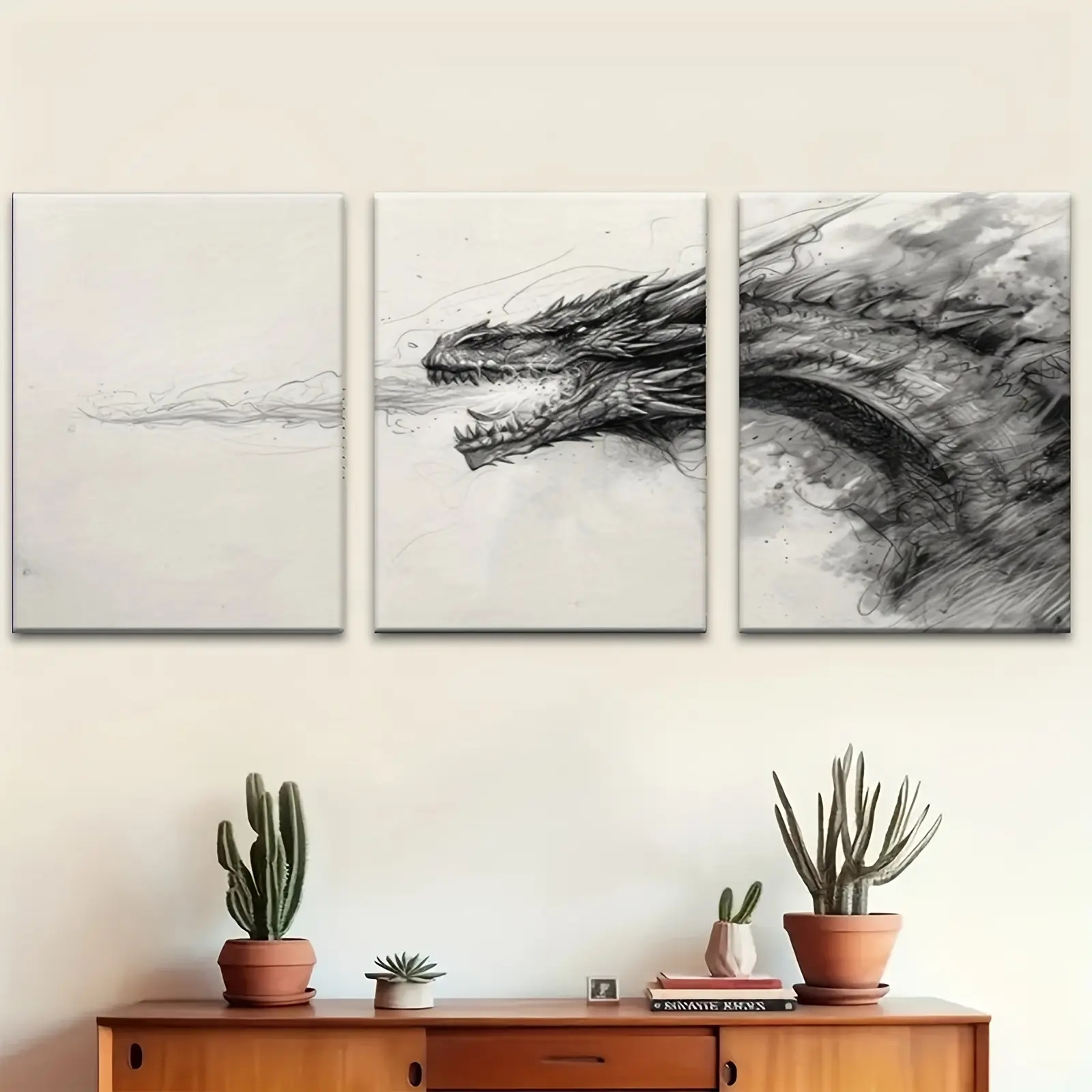 2D Flat Print Wrapped Canvas Print Set of 3, Wooden Framed Sketch Dragon Canvas Wall Art. Creative Aesthetic Canvas Murals, Ideal Decor Gifts For Living Room, Bedroom, Office, Easter And April Fool's Day